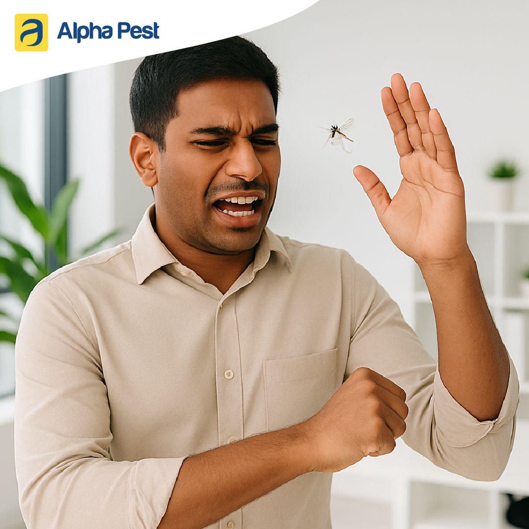 A man is trying to swat a mosquito.