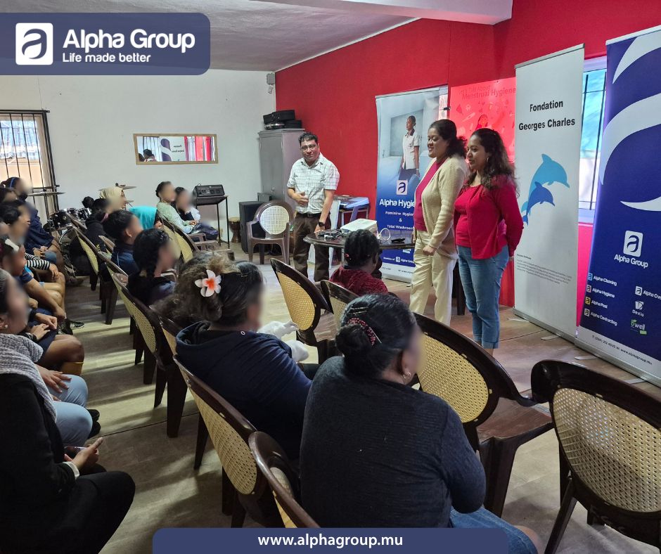 Alpha Hygiene team engaging students during a menstrual health and sanitary bin service awareness session at Fondation Georges Charles