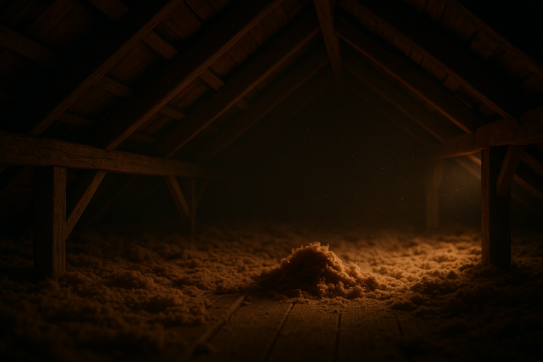 A dimly lit attic with disturbed insulation on the floor, suggesting possible rodent activity in a hidden space.