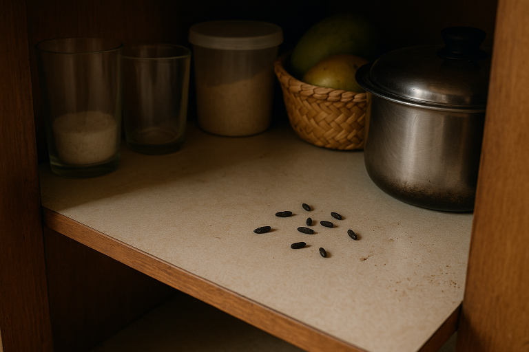 Rodent droppings scattered on a kitchen shelf near food containers, indicating early signs of a rodent infestation.