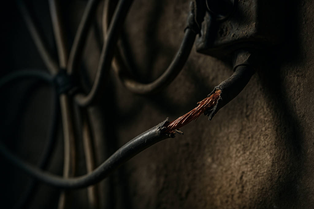 Close-up of a damaged electrical wire with exposed copper strands caused by rodent gnawing.