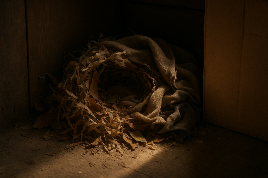 Rodent nest made of shredded leaves and fabric hidden in a dark storage corner.