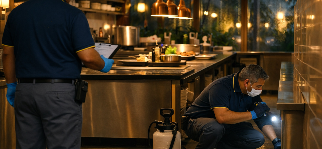A premium Mauritian hotel kitchen at night, clean and modern, with warm ambient lighting. Subtle signs of tropical humidity outside the windows, light rain reflections.